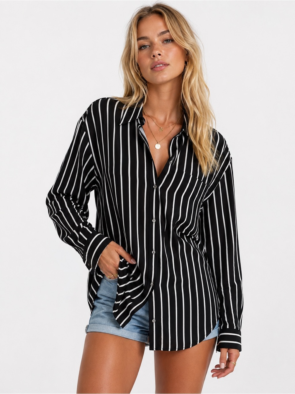 Forever 21 Black & White Striped Button Down Blouse Size Small